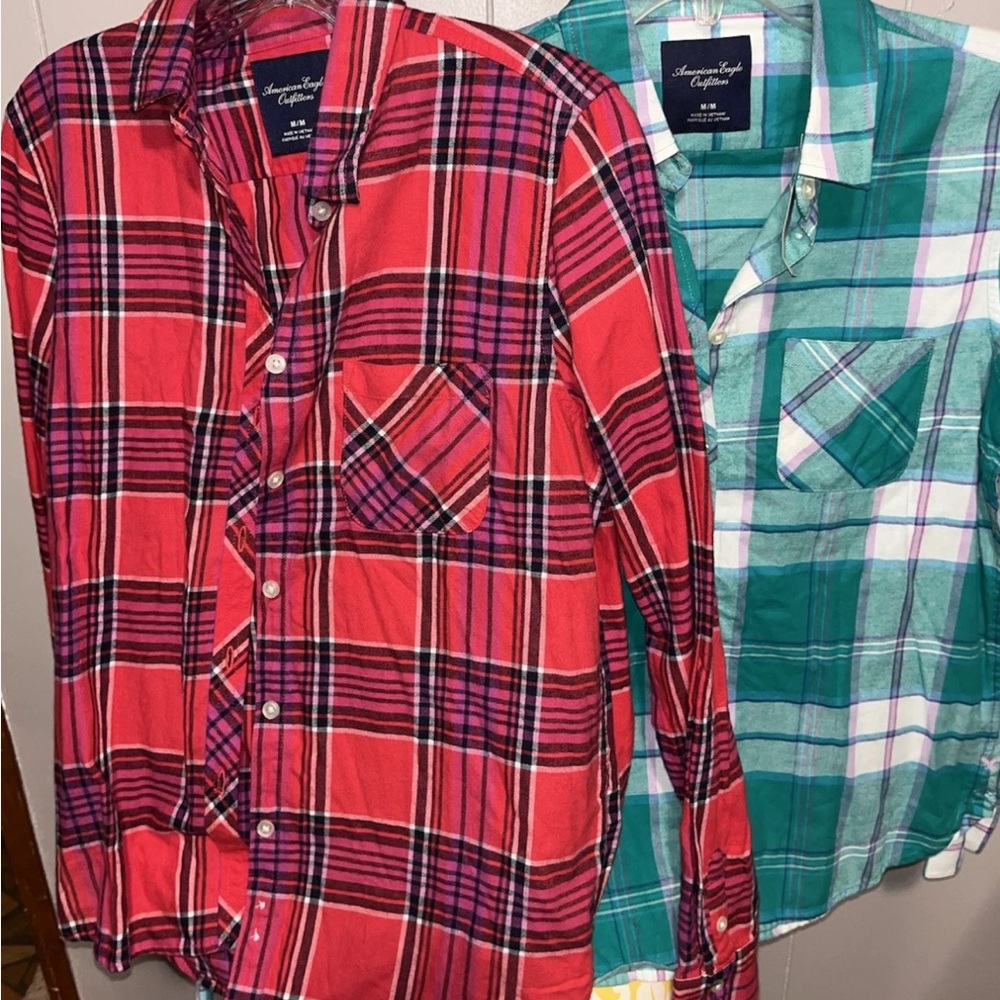 American Eagle Outfitters Red and Green Plaid Button Down Shirts New Lot of 2